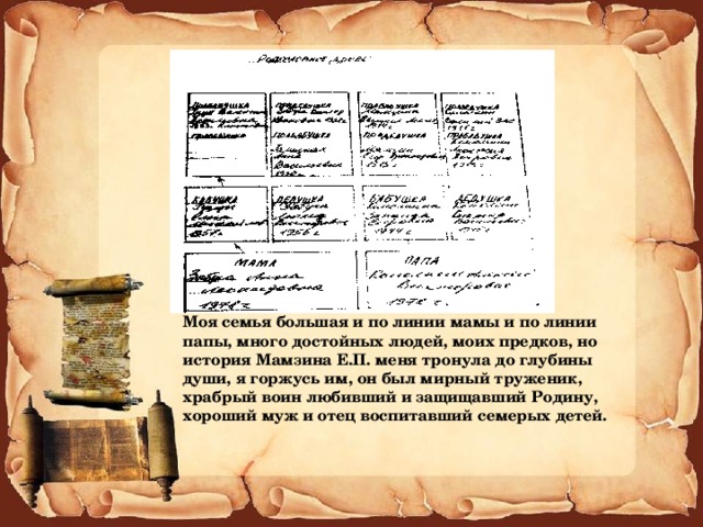 Моя семья большая и по линии мамы и по линии папы, много достойных людей, моих предков, но история Мамзина Е.П. меня тронула до глубины души, я горжусь им, он был мирный труженик, храбрый воин любивший и защищавший Родину, хороший муж и отец воспитавший семерых детей. 