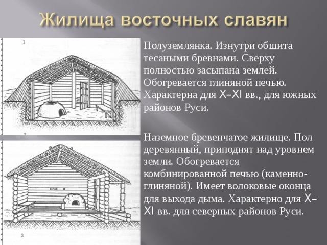 Полуземлянка. Изнутри обшита тесаными бревнами. Сверху полностью засыпана землей. Обогревается глиняной печью. Характерна для X–XI вв., для южных районов Руси. Наземное бревенчатое жилище. Пол деревянный, приподнят над уровнем земли. Обогревается комбинированной печью (каменно-глиняной). Имеет волоковые оконца для выхода дыма. Характерно для X–XI вв. для северных районов Руси. 