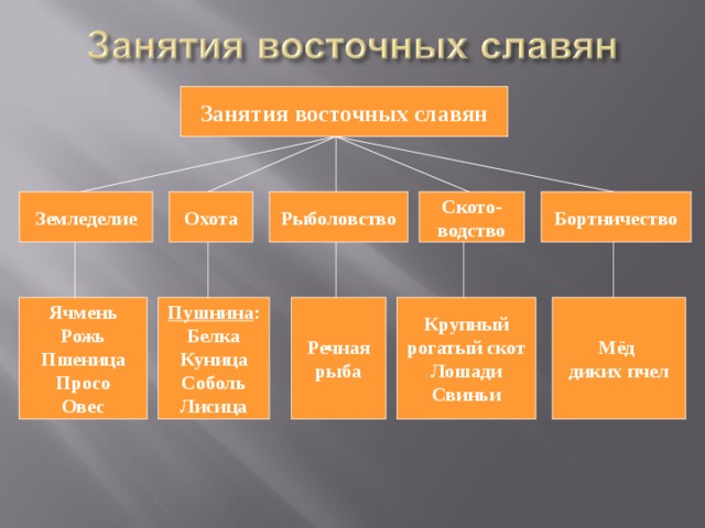 Занятия восточных славян Бортничество Ското-  водство Рыболовство Охота Земледелие Крупный  рогатый скот  Лошади  Свиньи Речная  рыба Пушнина :  Белка Куница Соболь Лисица Ячмень Рожь Пшеница Просо Овес Мёд  диких пчел 