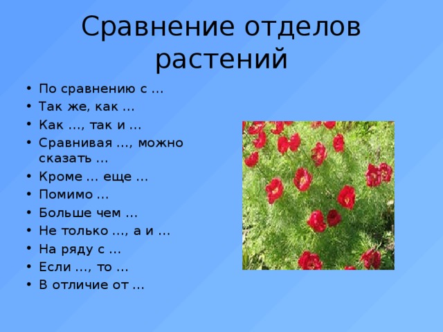 Сравнение отделов растений По сравнению с … Так же, как … Как …, так и … Сравнивая …, можно сказать … Кроме … еще … Помимо … Больше чем … Не только …, а и … На ряду с … Если …, то … В отличие от … 