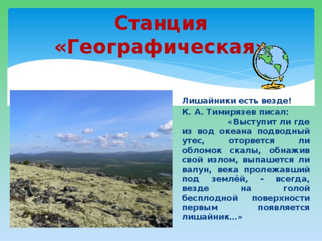 Станция «Географическая» Лишайники есть везде! К. А. Тимирязев писал: «Выступит ли где из вод океана подводный утес, оторвется ли обломок скалы, обнажив свой излом, выпашется ли валун, века пролежавший под землёй, - всегда, везде на голой бесплодной поверхности первым появляется лишайник…» 