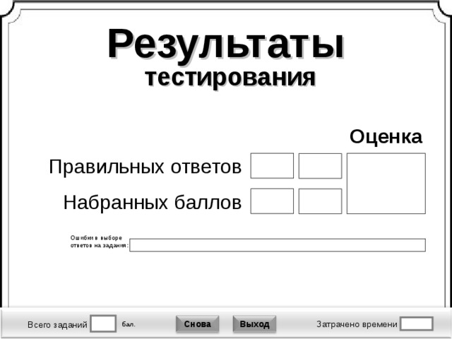 Результаты   тестирования Подождите! Идет обработка данных Оценка Правильных ответов Набранных баллов Ошибки в выборе ответов на задания: Выход Снова Затрачено времени  бал. Всего заданий 13 