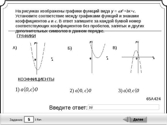 На рисунках изображены графики функций вида y  =  a x 2  + b x+ c . Установите соответствие между графиками функций и знаками коэффициентов a и c . В ответ запишите за каждой буквой номер соответствующих коэффициентов без пробелов, запятых и других дополнительных символов в данном порядке. ГРАФИКИ В) А) Б) КОЭФФИЦИЕНТЫ 65A424 Введите ответ: 5 Далее 1 бал. Задание 