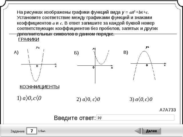 На рисунках изображены графики функций вида y  =  a x 2  + b x+ c . Установите соответствие между графиками функций и знаками коэффициентов a и c . В ответ запишите за каждой буквой номер соответствующих коэффициентов без пробелов, запятых и других дополнительных символов в данном порядке. ГРАФИКИ В) А) Б) КОЭФФИЦИЕНТЫ A7A733 Введите ответ: 7 Далее 1 бал. Задание 