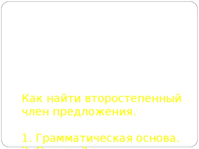 Как найти второстепенный член предложения.   1. Грамматическая основа.  2. Слова - ? от подлежащего.  3. Слова -? от сказуемого.  4. Второстепенный член - ? второстепенного члена. 