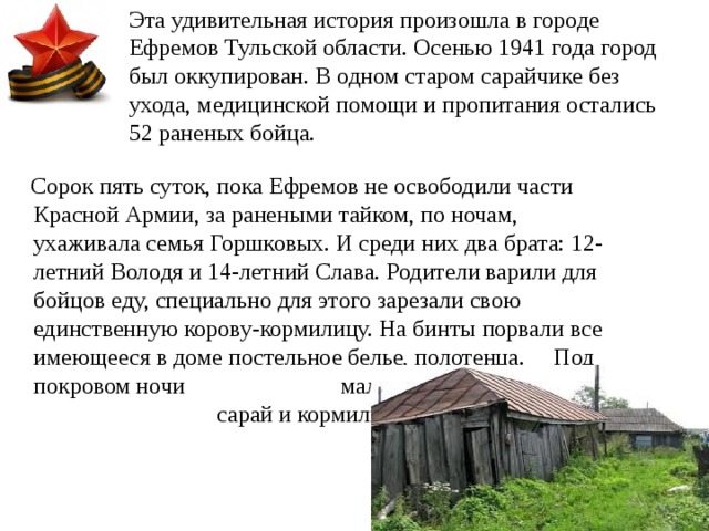 Эта удивительная история произошла в городе Ефремов Тульской области. Осенью 1941 года город был оккупирован. В одном старом сарайчике без ухода, медицинской помощи и пропитания остались 52 раненых бойца.  Сорок   пять суток, пока Ефремов не освободили части Красной Армии, за ранеными тайком, по ночам, ухаживала семья Горшковых. И среди них два брата: 12-летний Володя и 14-летний Слава. Родители варили для бойцов еду, специально для этого зарезали свою единственную корову-кормилицу. На бинты порвали все имеющееся в доме постельное белье, полотенца.  Под покровом ночи     мальчишки пробирались в    сарай и кормили бойцов. 