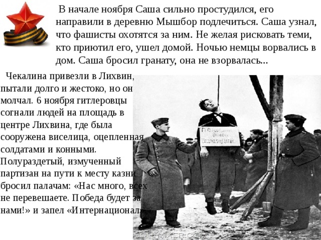  В начале ноября Саша сильно простудился, его направили в деревню Мышбор подлечиться. Саша узнал, что фашисты охотятся за ним. Не желая рисковать теми, кто приютил его, ушел домой. Ночью немцы ворвались в дом. Саша бросил гранату, она не взорвалась...  Чекалина привезли в Лихвин, пытали долго и жестоко, но он молчал. 6 ноября гитлеровцы согнали людей на площадь в центре Лихвина, где была сооружена виселица, оцепленная солдатами и конными. Полураздетый, измученный партизан на пути к месту казни бросил палачам: «Нас много, всех не перевешаете. Победа будет за нами!» и запел «Интернационал». 