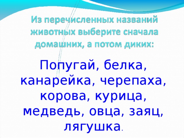 Попугай, белка, канарейка, черепаха, корова, курица, медведь, овца, заяц, лягушка . 