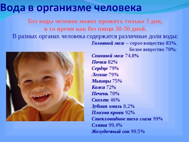 Без воды человек может прожить только 3 дня,  в то время как без пищи 30-50 дней. В разных органах человека содержатся различные доли воды: Головной мозг – серое вещество 83%,    белое вещество 70%; Спинной мозг 74,8% Почки 82% Сердце 79% Легкие 79% Мышцы 75% Кожа 72% Печень 70% Скелет 46% Зубная эмаль 0,2% Плазма крови 92% Стекловидное тело глаза 99% Слюна 99,4% Желудочный сок 99,5% 