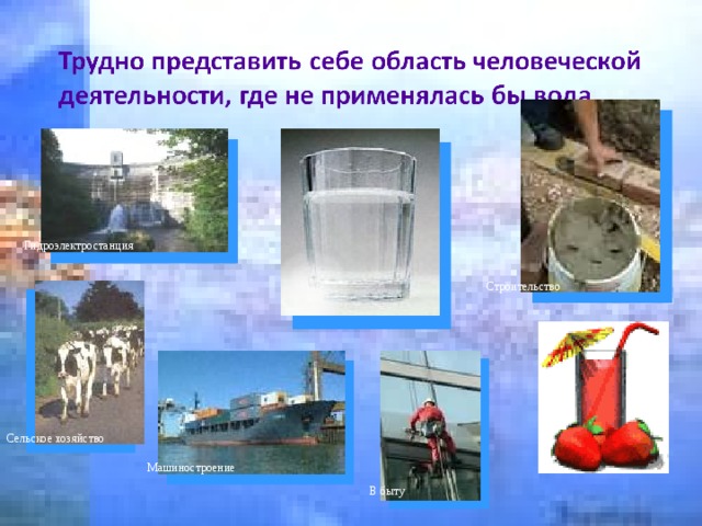 Гидроэлектростанция Строительство Сельское хозяйство Машиностроение В быту 