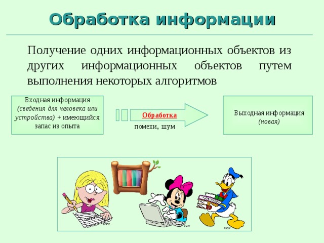 Обработка информации Получение одних информационных объектов из других информационных объектов путем выполнения некоторых алгоритмов Входная информация (сведения для человека или устройства) + имеющийся запас из опыта Выходная информация (новая) Обработка помехи , шум 