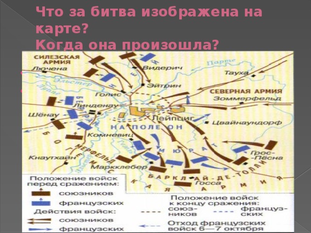 Что за битва изображена на карте?  Когда она произошла? Лейпцигская битва 4-7 октября 1813 год 
