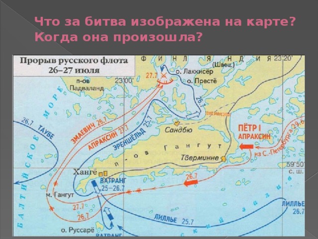 Что за битва изображена на карте?  Когда она произошла? битва у мыса Гангут 27 июля 1714 год 