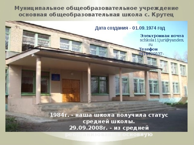 Муниципальное общеобразовательное учреждение основная общеобразовательная школа с. Крутец Дата создания - 01.09.1974 год Электронная почта   schkola11juri@yandex.ru Телефон 8414629537-                                1984г. - наша школа получила статус средней школы. 29.09.2008г. - из средней реорганизована в основную 