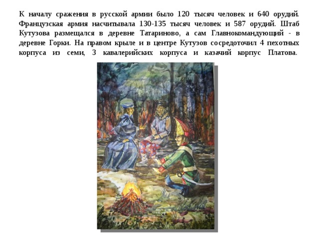 К началу сражения в русской армии было 120 тысяч человек и 640 орудий. Французская армия насчитывала 130-135 тысяч человек и 587 орудий. Штаб Кутузова размещался в деревне Татариново, а сам Главнокомандующий - в деревне Горки. На правом крыле и в центре Кутузов сосредоточил 4 пехотных корпуса из семи, 3 кавалерийских корпуса и казачий корпус Платова.     