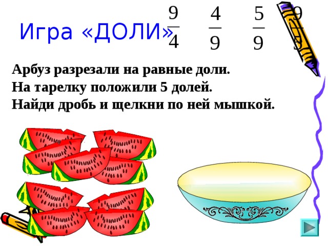 Игра «ДОЛИ» Арбуз разрезали на равные доли. На тарелку положили 5 долей. Найди дробь и щелкни по ней мышкой. Пригласите к компьютеру ученика 10