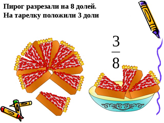 Пирог разрезали на 8 долей. На тарелку положили 3 доли