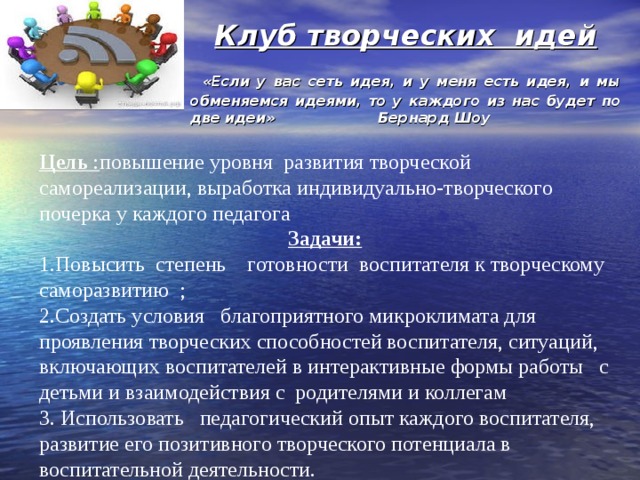 Клуб творческих идей  «Если у вас сеть идея, и у меня есть идея, и мы обменяемся идеями, то у каждого из нас будет по две идеи» Бернард Шоу     Цель : повышение уровня развития творческой самореализации, выработка индивидуально-творческого почерка у каждого педагога Задачи: 1.Повысить степень готовности воспитателя к творческому саморазвитию ; 2.Создать условия благоприятного микроклимата для проявления творческих способностей воспитателя, ситуаций, включающих воспитателей в интерактивные формы работы с детьми и взаимодействия с родителями и коллегам  3. Использовать педагогический опыт каждого воспитателя, развитие его позитивного творческого потенциала в воспитательной деятельности. «Модель творческого педагога»    