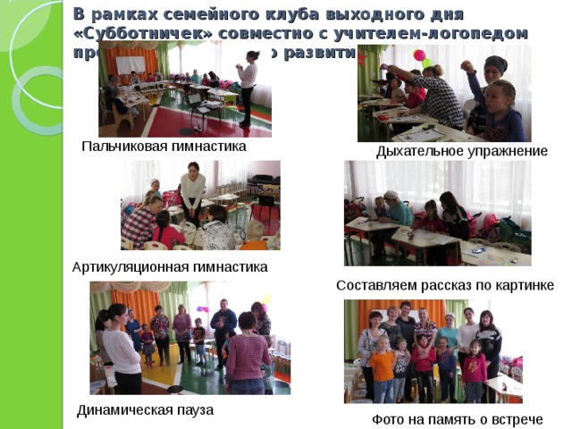 В рамках семейного клуба выходного дня «Субботничек» совместно с учителем-логопедом проводится работа по развитию речи Пальчиковая гимнастика Дыхательное упражнение Артикуляционная гимнастика Составляем рассказ по картинке Динамическая пауза Фото на память о встрече 