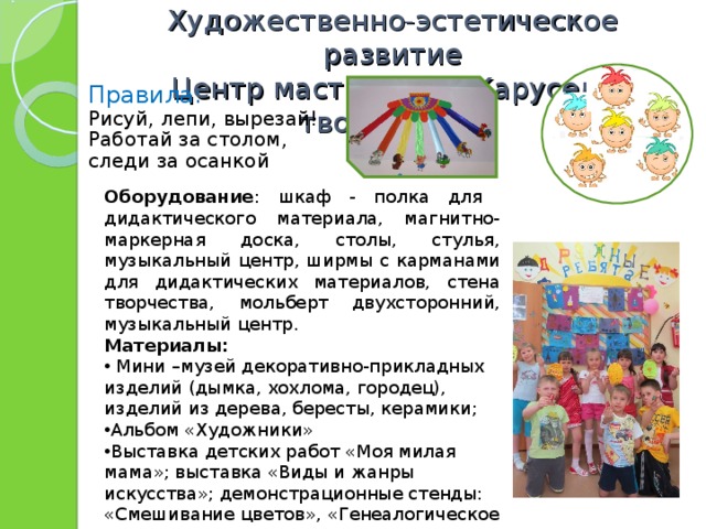 Художественно-эстетическое развитие  Центр мастерская «Карусель творчества» Правила: Рисуй, лепи, вырезай! Работай за столом, следи за осанкой Оборудование : шкаф - полка для дидактического материала, магнитно-маркерная доска, столы, стулья, музыкальный центр, ширмы с карманами для дидактических материалов, стена творчества, мольберт двухсторонний, музыкальный центр. Материалы:   Мини –музей декоративно-прикладных изделий (дымка, хохлома, городец), изделий из дерева, бересты, керамики; Альбом «Художники» Выставка детских работ «Моя милая мама»; выставка «Виды и жанры искусства»; демонстрационные стенды: «Смешивание цветов», «Генеалогическое дерево цвета»; схемы для рисования; 