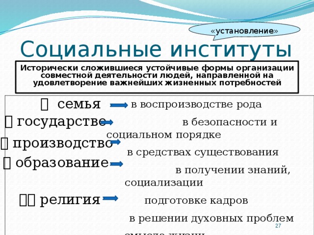 «установление» Социальные институты Исторически сложившиеся устойчивые формы организации совместной деятельности людей, направленной на удовлетворение важнейших жизненных потребностей   семья  в воспроизводстве рода  в безопасности и социальном порядке  в средствах существования  в получении знаний, социализации  подготовке кадров  в решении духовных проблем  смысла жизни   государство   производство   образование   религия  