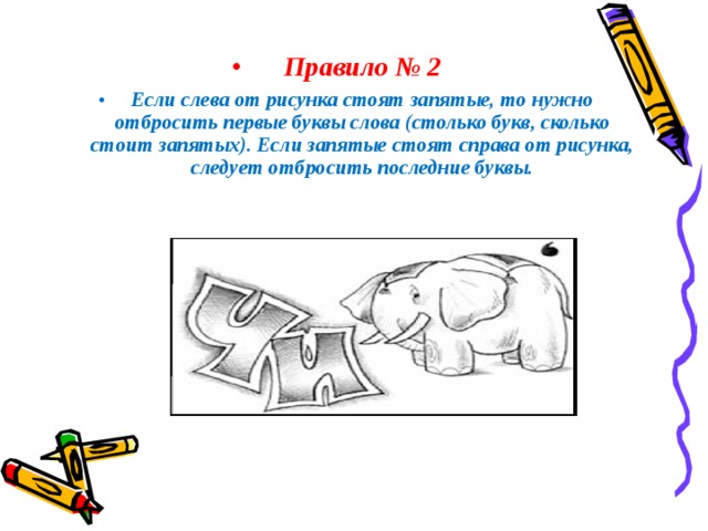 Правило № 2 Если слева от рисунка стоят запятые, то нужно отбросить первые буквы слова (столько букв, сколько стоит запятых). Если запятые стоят справа от рисунка, следует отбросить последние буквы. Рис. 3 ЧИСЛО 