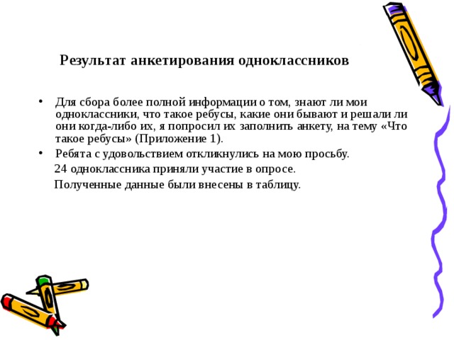 Результат анкетирования одноклассников Для сбора более полной информации о том, знают ли мои одноклассники, что такое ребусы, какие они бывают и решали ли они когда-либо их, я попросил их заполнить анкету, на тему «Что такое ребусы» (Приложение 1). Ребята с удовольствием откликнулись на мою просьбу.  24 одноклассника приняли участие в опросе.  Полученные данные были внесены в таблицу. 