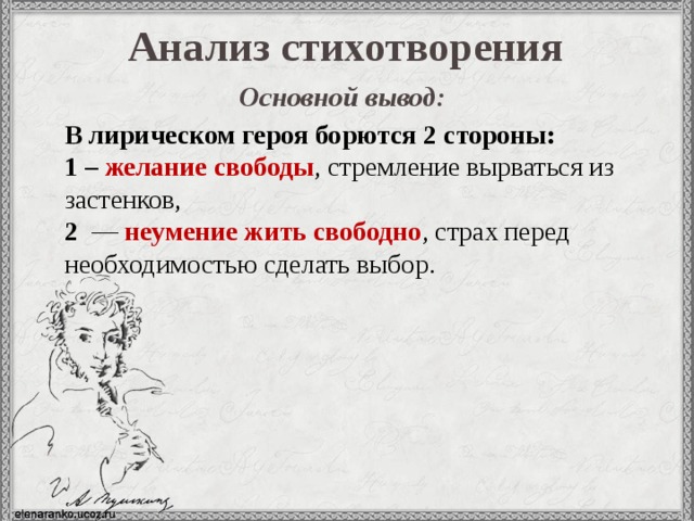 Анализ стихотворения Основной вывод:  В лирическом героя борются 2 стороны: 1 –  желание свободы , стремление вырваться из застенков, 2 — неумение жить свободно , страх перед необходимостью сделать выбор. 