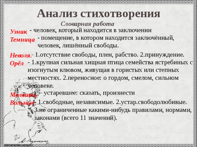 Анализ стихотворения  Словарная работа Узник Темница Неволя . Орёл   Молвить Вольные - человек, который находится в заключении - помещение, в котором находится заключённый, человек, лишённый свободы. - 1.отсутствие свободы, плен, рабство. 2.принуждение. - 1.крупная сильная хищная птица семейства ястребиных с изогнутым клювом, живущая в гористых или степных местностях. 2.переносное: о гордом, смелом, сильном человеке. – устаревшее: сказать, произнести - 1.свободные, независимые. 2.устар.свободолюбивые. 3.не ограниченные какими-нибудь правилами, нормами, законами (всего 11 значений). 