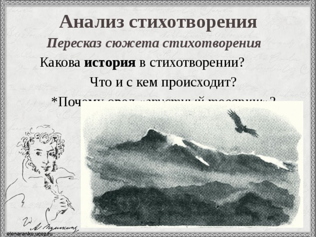 Анализ стихотворения  Пересказ сюжета стихотворения  Какова история в стихотворении? Что и с кем происходит? *Почему орел « грустный товарищ »? 