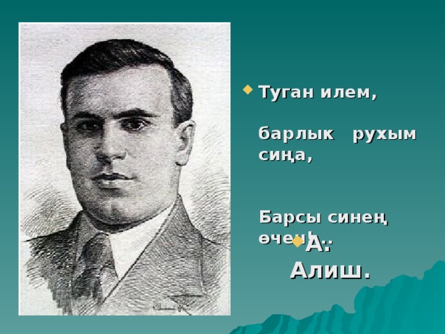 Туган илем, барлык рухым сиңа, Барсы синең өчен!...  А. Алиш. 