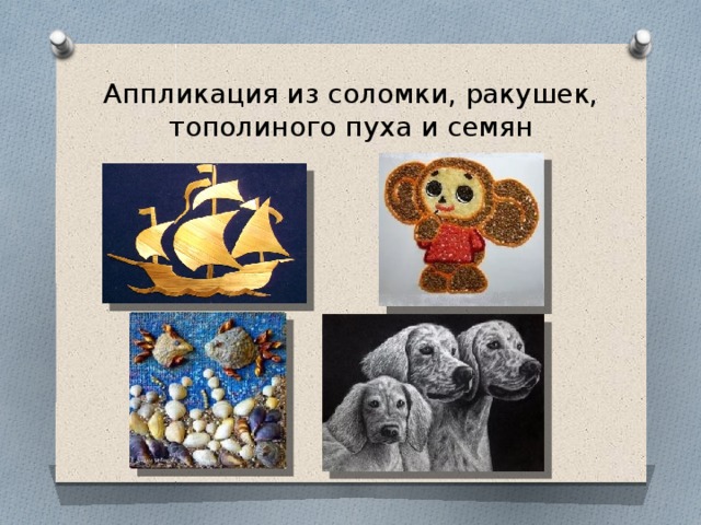 Аппликация из соломки, ракушек, тополиного пуха и семян  