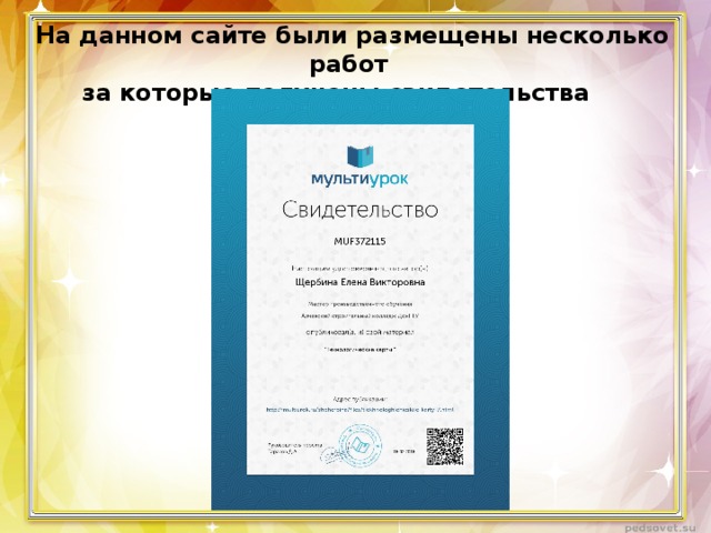 На данном сайте были размещены несколько работ за которые получены свидетельства 