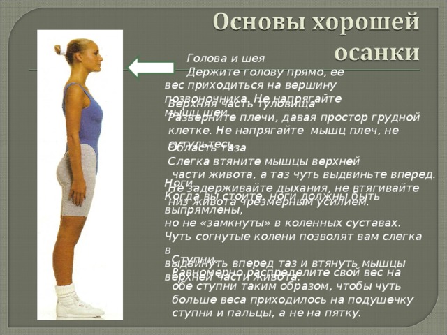 Голова и шея Держите голову прямо, ее вес приходиться на вершину позвоночника. Не напрягайте мышц шеи. Верхняя часть туловища Разверните плечи, давая простор грудной клетке. Не напрягайте мышц плеч, не сутультесь. Область таза Слегка втяните мышцы верхней  части живота, а таз чуть выдвиньте вперед. Не задерживайте дыхания, не втягивайте низ живота чрезмерным усилием. Ноги. Когда вы стоите, ноги должны быть выпрямлены, но не «замкнуты» в коленных суставах. Чуть согнутые колени позволят вам слегка в выдвинуть вперед таз и втянуть мышцы верхней части живота.  Ступни. Равномерно распределите свой вес на обе ступни таким образом, чтобы чуть больше веса приходилось на подушечку ступни и пальцы, а не на пятку. 