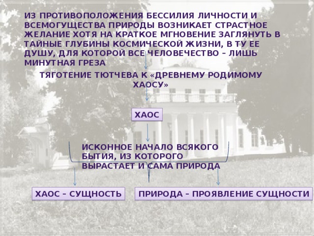 Из противоположения бессилия личности и всемогущества природы возникает страстное желание хотя на краткое мгновение заглянуть в тайные глубины космической жизни, в ту ее душу, для которой все человечество – лишь минутная греза тяготение Тютчева к «древнему родимому хаосу» хаос исконное начало всякого бытия, из которого вырастает и сама природа Хаос – сущность природа – проявление сущности 