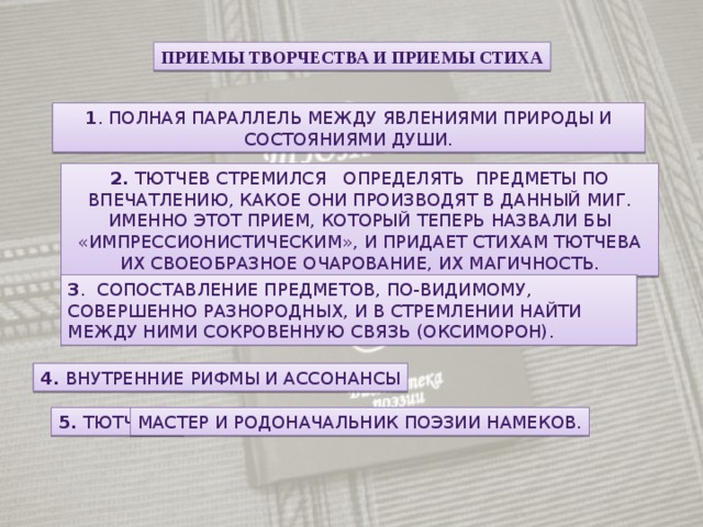 приемы творчества и приемы стиха 1 . полная параллель между явлениями природы и состояниями души. 2.  Тютчев стремился определять предметы по впечатлению, какое они производят в данный миг. Именно этот прием, который теперь назвали бы «импрессионистическим», и придает стихам Тютчева их своеобразное очарование, их магичность. 3 . сопоставление предметов, по-видимому, совершенно разнородных, и в стремлении найти между ними сокровенную связь (оксиморон). 4. внутренние рифмы и ассонансы 5. Тютчев -  мастер и родоначальник поэзии намеков. 