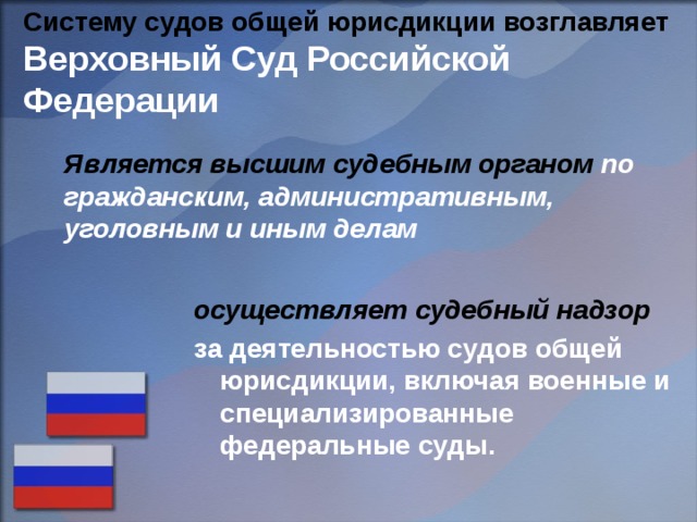 Систему судов общей юрисдикции возглавляет  Верховный Суд Российской Федерации  Является высшим судебным органом по гражданским, административным, уголовным и иным делам осуществляет судебный надзор  за деятельностью судов общей юрисдикции, включая военные и специализированные федеральные суды. 