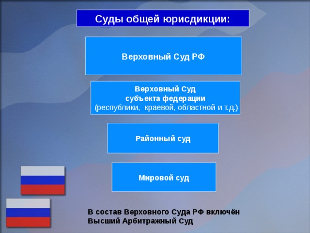 Суды общей юрисдикции: Верховный Суд РФ Верховный Суд субъекта федерации  (республики, краевой, областной и т.д.) Районный суд Мировой суд В состав Верховного Суда РФ включён Высший Арбитражный Суд 