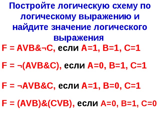 Пример  Постройте логическую схему, соответствующую логическому выражению F = X & Y V ¬(Y V X) . Вычислить значения выражения для X=1 , Y=0 . 