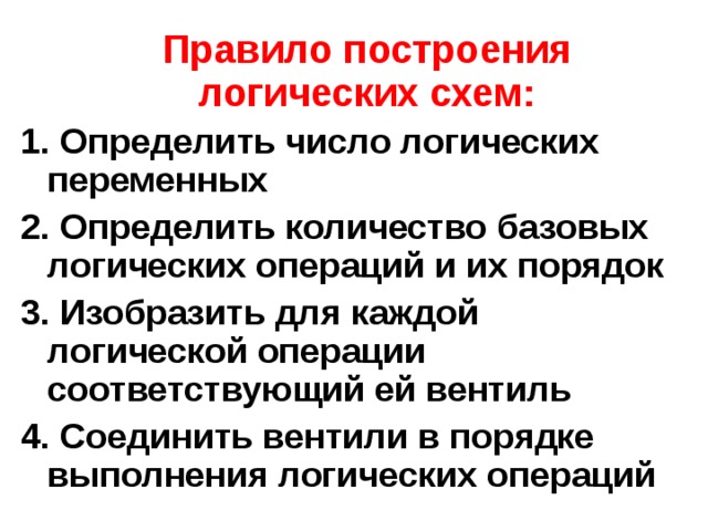  Правило построения логических схем: 1. Определить число логических переменных 2. Определить количество базовых логических операций и их порядок 3. Изобразить для каждой логической операции соответствующий ей вентиль 4. Соединить вентили в порядке выполнения логических операций 
