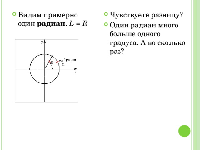 Видим примерно один радиан . L = R  Чувствуете разницу? Один радиан много больше одного градуса. А во сколько раз? 