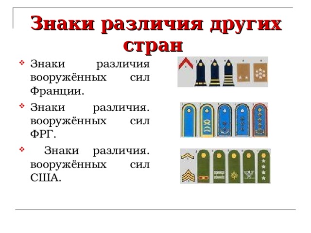 Знаки различия других стран Знаки различия вооружённых сил Франции. Знаки различия. вооружённых сил ФРГ.  Знаки различия. вооружённых сил США. 