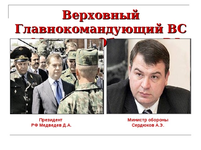 Верховный Главнокомандующий ВС и Министр Обороны РФ Президент  РФ Медведев Д.А. Министр обороны Сердюков А.Э. 