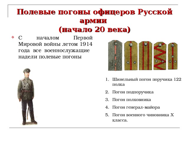 Полевые погоны офицеров Русской армии  (начало 20 века) С началом Первой Мировой войны летом 1914 года все военнослужащие надели полевые погоны Шинельный погон поручика 122 полка Погон подпоручика Погон полковника Погон генерал-майора Погон военного чиновника X класса.   