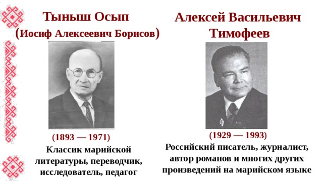 Тыныш Осып  ( Иосиф Алексеевич Борисов ) Алексей Васильевич  Тимофеев   (1929 — 1993)   (1893 — 1971) Российский писатель, журналист, автор романов и многих других произведений на марийском языке Классик марийской литературы, переводчик, исследователь, педагог 