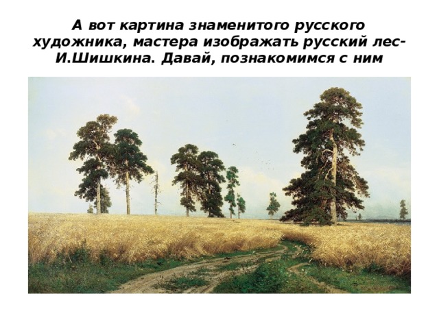 А вот картина знаменитого русского художника, мастера изображать русский лес- И.Шишкина. Давай, познакомимся с ним 