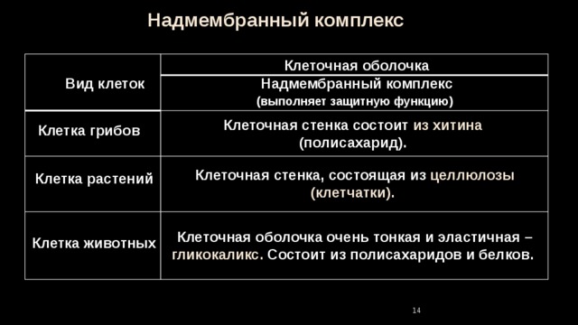Надмембранный комплекс Клеточная оболочка Вид клеток Надмембранный комплекс (выполняет защитную функцию)  Клеточная стенка состоит из хитина (полисахарид). Клетка грибов Клеточная стенка, состоящая из целлюлозы (клетчатки). Клетка растений Клеточная оболочка очень тонкая и эластичная – гликокаликс. Состоит из полисахаридов и белков. Клетка животных   