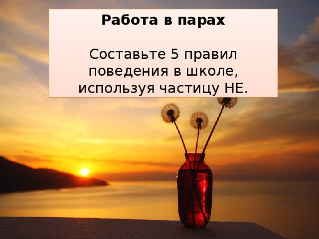 Работа в парах Составьте 5 правил поведения в школе, используя частицу НЕ. 