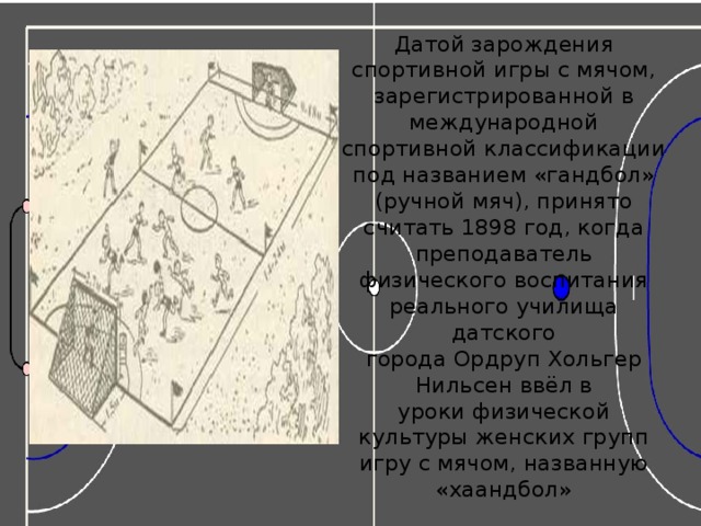 Датой зарождения спортивной игры с мячом, зарегистрированной в международной спортивной классификации под названием «гандбол» (ручной мяч), принято считать 1898 год, когда преподаватель физического воспитания реального училища датского города Ордруп Хольгер Нильсен ввёл в уроки физической культуры женских групп игру с мячом, названную «хаандбол» 