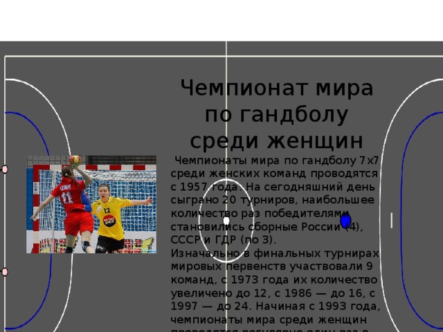 Чемпионат мира по гандболу среди женщин  Чемпионаты мира по гандболу 7х7 среди женских команд проводятся с 1957 года. На сегодняшний день сыграно 20 турниров, наибольшее количество раз победителями становились сборные России (4), СССР и ГДР (по 3). Изначально в финальных турнирах мировых первенств участвовали 9 команд, с 1973 года их количество увеличено до 12, с 1986 — до 16, с 1997 — до 24. Начиная с 1993 года, чемпионаты мира среди женщин проводятся регулярно один раз в два года. 